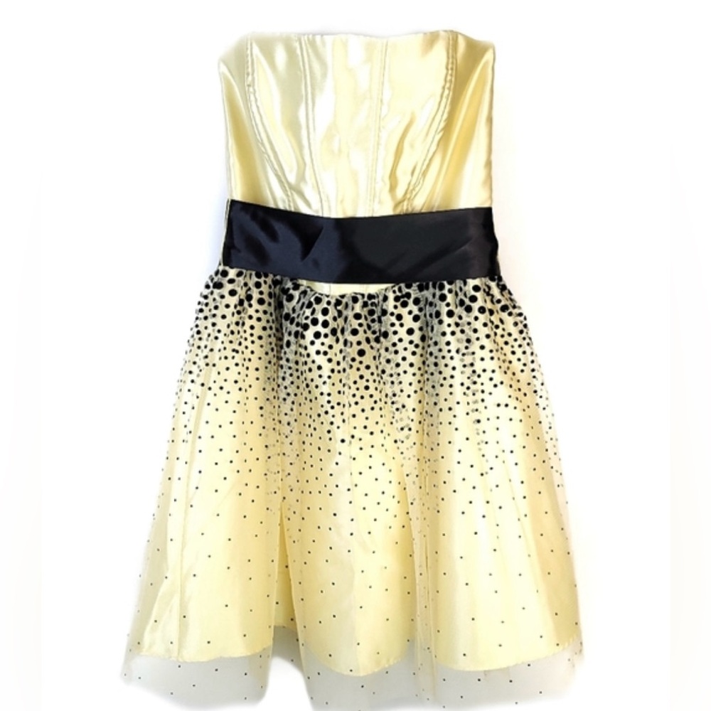 Vintage Gunne Sax x Jessica McClintock Yellow Black Polka Dot Party Bow Dress